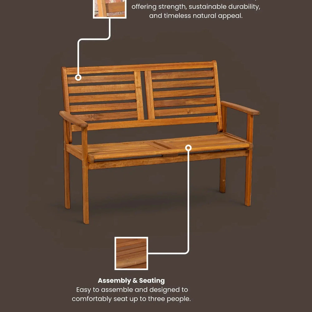 Natural acacia wood garden bench with slatted back and seat, seats three, brown background