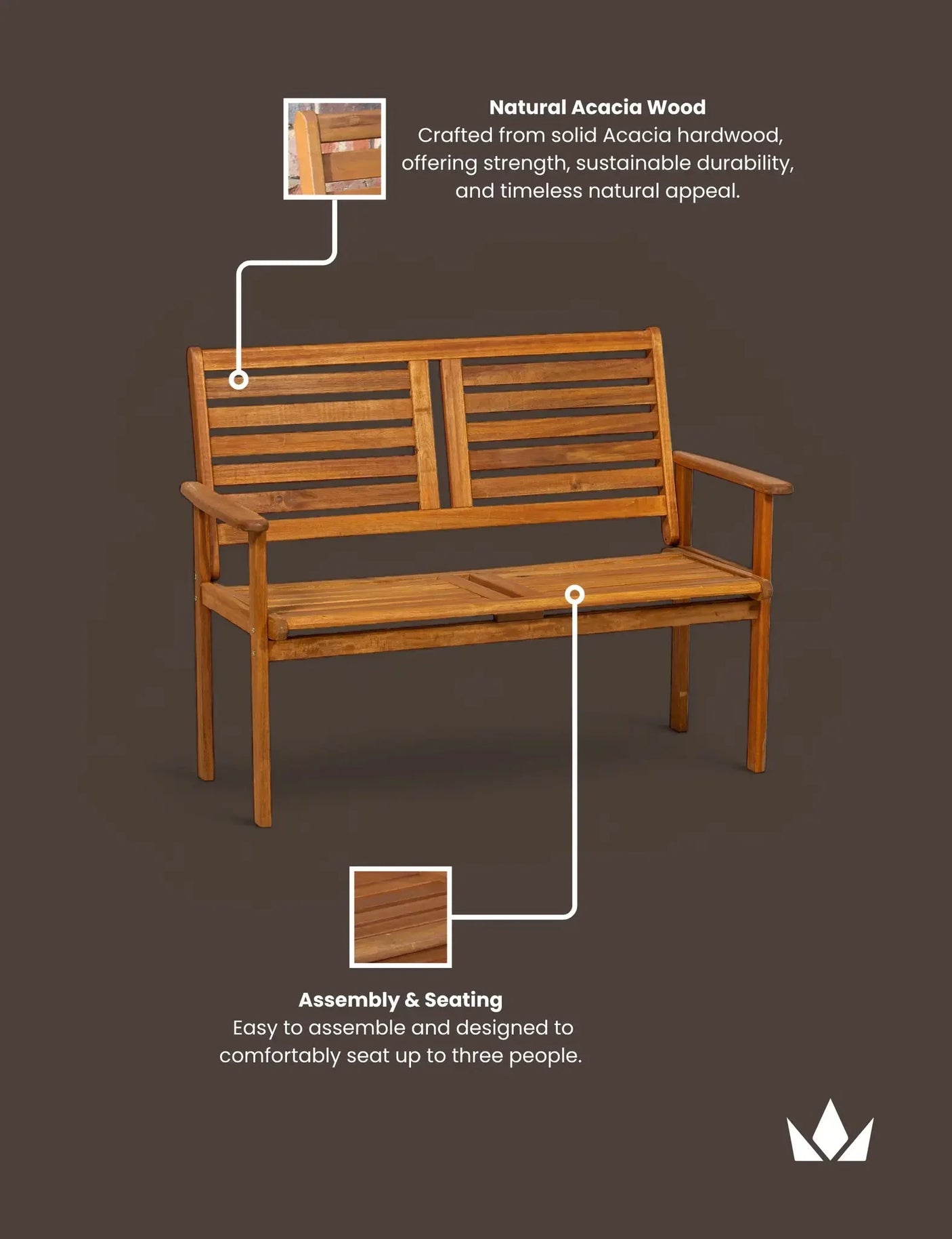Natural acacia wood garden bench with slatted back and seat, seats three, brown background