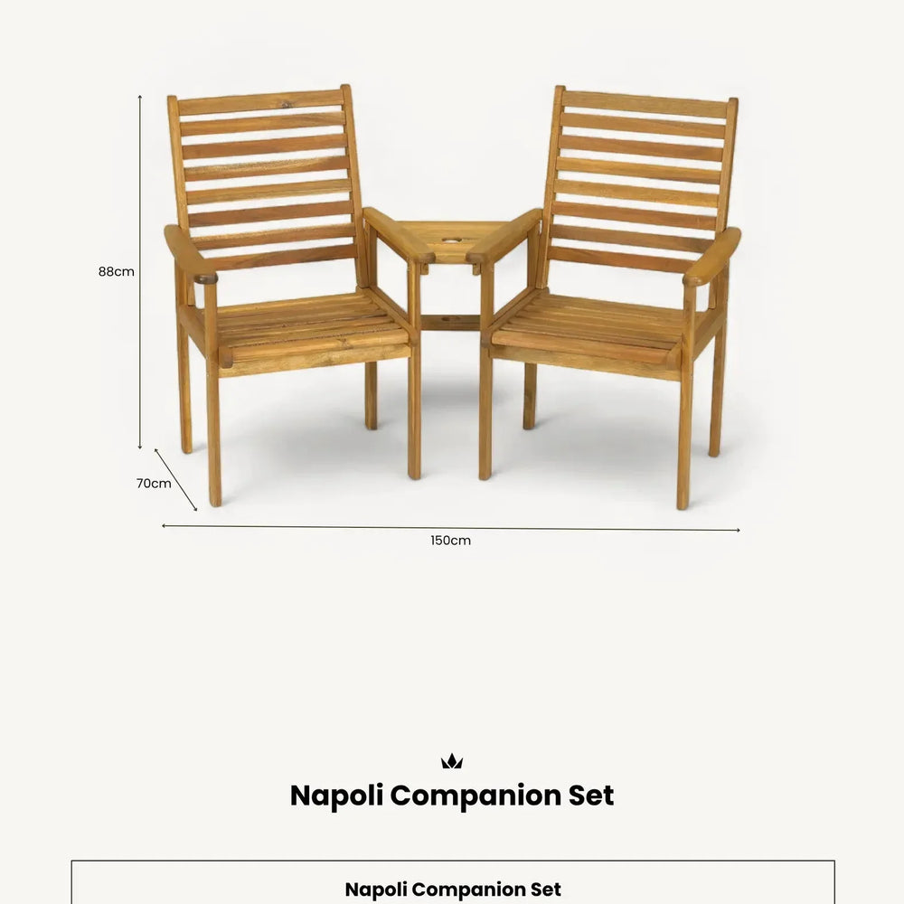 Wooden companion set with two slatted chairs and connecting table, garden furniture, front view