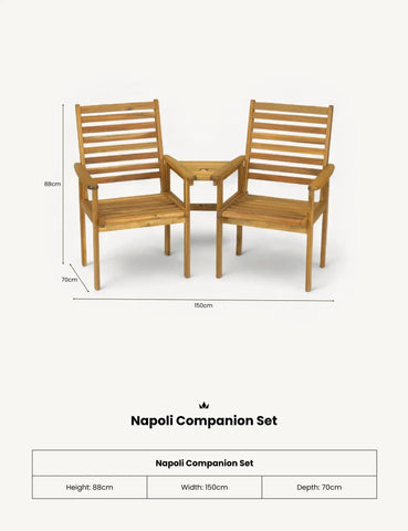 Wooden companion set with two slatted chairs and connecting table, garden furniture, front view