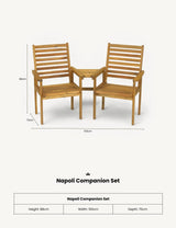 Wooden companion set with two slatted chairs and connecting table, garden furniture, front view