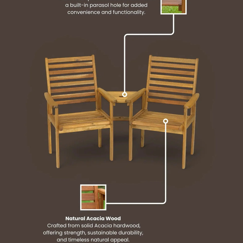 Acacia wood garden companion bench with slatted seats and central table with parasol hole