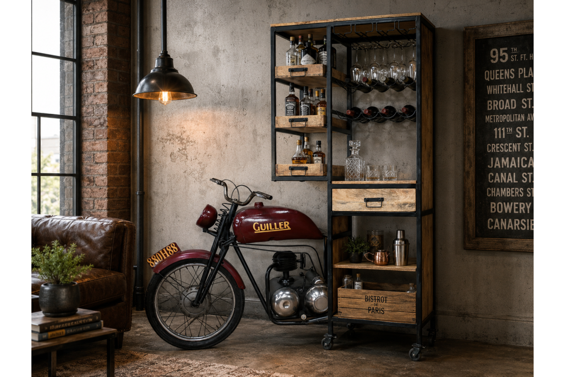 Motorbike-shaped bar cabinet in black metal and wood with shelves, drawers, and glass racks in a vintage living room setting.