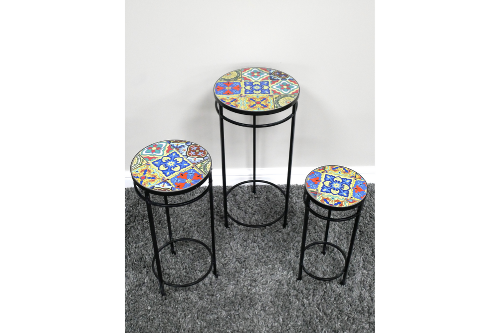 Set of 3 round side tables with black metal legs and colorful patterned tile tops, shown from a top angled view.