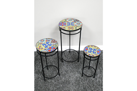 Set of 3 round side tables with black metal legs and colorful patterned tile tops, shown from a top angled view.