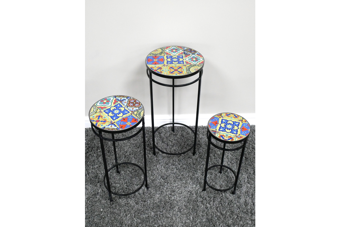Set of 3 round side tables with black metal legs and colorful patterned tile tops, shown from a top angled view.
