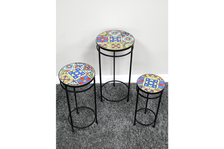 Set of 3 round side tables with black metal legs and colorful patterned tile tops, shown from a top angled view.