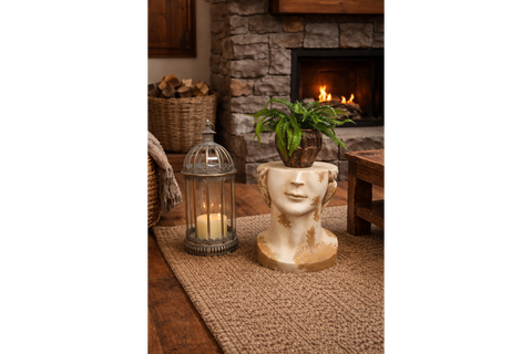Cream and gold distressed ceramic Head Side Table shaped like a face, angled with a plant on top in cozy room setting.