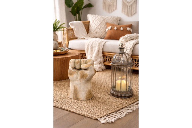 Beige stone fist-shaped side table in a cozy living room setting with wicker sofa and candle lantern.