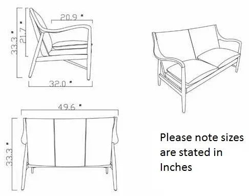 modern wooden sofa dimensions diagram with armrests and cushioned seat, measurements in inches