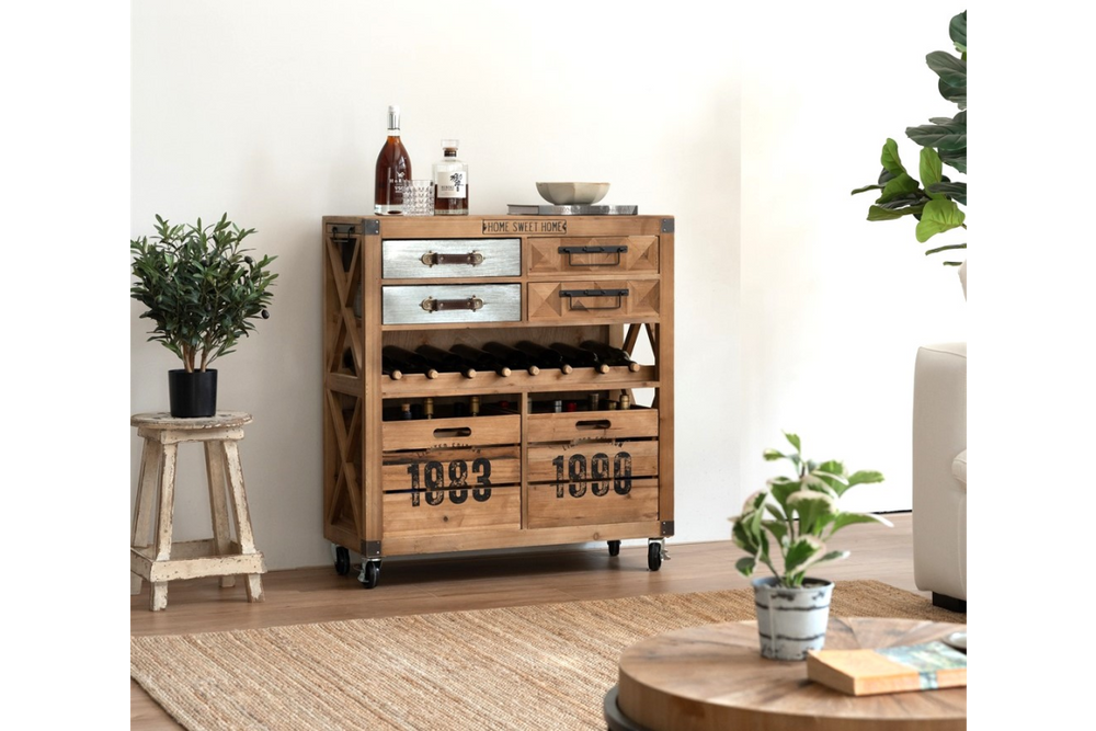 Rustic wooden wine cabinet with metal handles, bottle storage, and numbered lower drawers, shown from front angle.