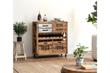 Rustic wooden wine cabinet with metal handles, bottle storage, and numbered lower drawers, shown from front angle.