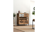 Wooden wine cabinet with metal drawer fronts, multiple drawers, wine bottle storage, and caster wheels, angled view.