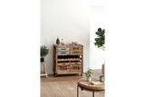 Wooden wine cabinet with metal drawers, bottle storage, and wheels, shown in a living room setting from front angle.