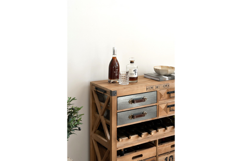 Wooden wine cabinet with metal drawer fronts, leather handles, wine bottle storage, top view with bottles and decor, angled