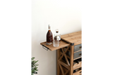 Wooden wine cabinet with pull-out tray holding two bottles and a glass, angled side view in a bright setting.