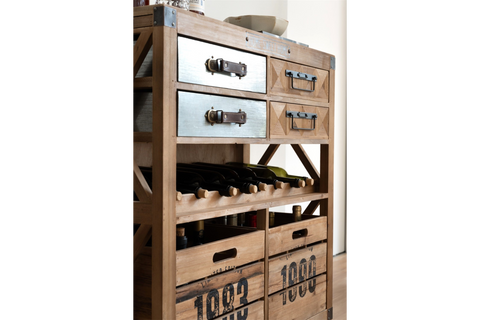 Wood and metal wine cabinet with four drawers, two wooden crates, and horizontal bottle storage, angled side view.