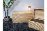 Set of two light wood storage boxes with carved horizontal grooves, one open, shown on black shaggy rug with potted plant.
