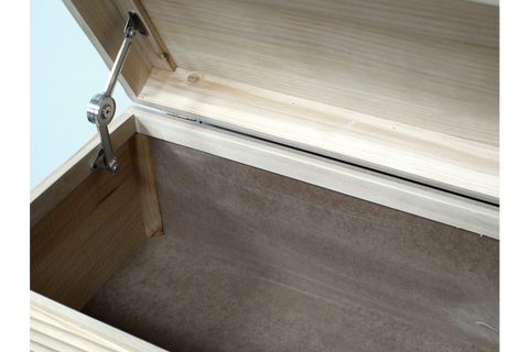 Set of two light wood storage boxes with hinged lids and metal support brackets, interior lined with brown fabric.