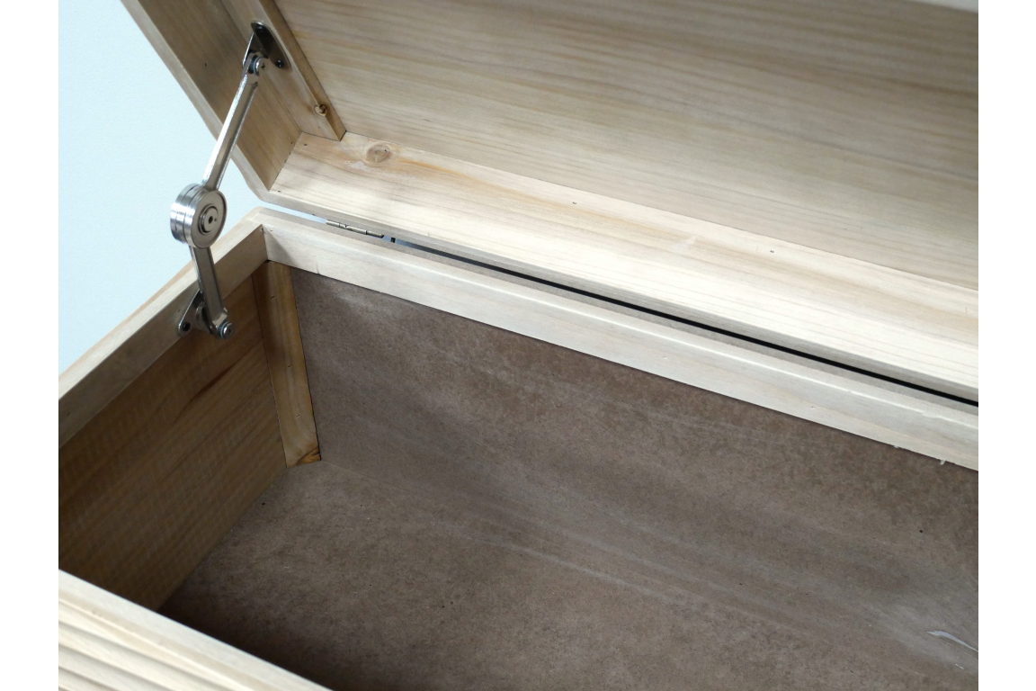 Set of two light wood storage boxes with hinged lids and metal support brackets, interior lined with brown fabric.