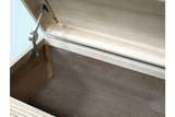 Set of two light wood storage boxes with hinged lids and metal support brackets, interior lined with brown fabric.