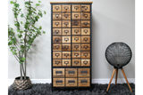Tall wooden storage cabinet with multiple small drawers, black metal frame, standing on dark shaggy rug between plant and