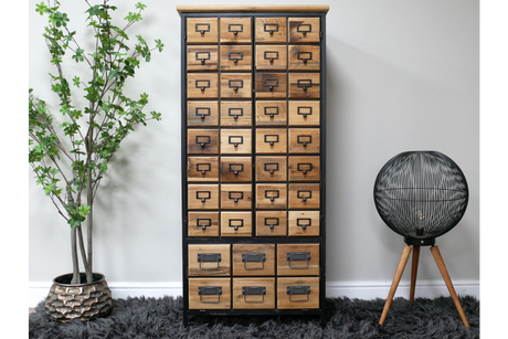 Tall wooden storage cabinet with multiple small drawers, black metal frame, standing on dark shaggy rug between plant and