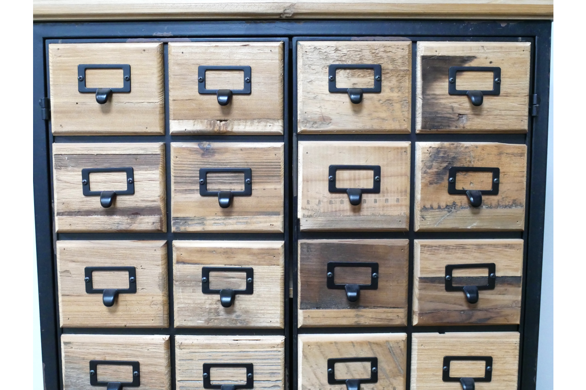 Storage cabinet with sixteen small wooden drawers featuring black metal handles and label holders, front view.