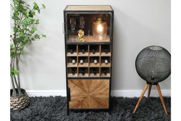 Wood and black metal wine cabinet with glass door, bottle storage, and lower wooden cupboard, shown front view in room