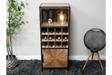 Wood and black metal wine cabinet with glass door, bottle storage, and lower wooden cupboard, shown front view in room