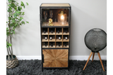 Wood and black metal wine cabinet with glass door, bottle storage, and lower wooden cupboard, shown front view in room