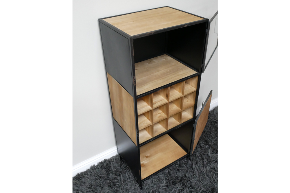 Tall wine cabinet with black metal frame and light wood shelves, featuring open compartments and a grid wine rack, shown at