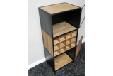 Tall wine cabinet with black metal frame and light wood shelves, featuring open compartments and a grid wine rack, shown at