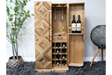 Wooden wine cabinet with geometric patterned door, multiple bottle slots, glass holders, and a small drawer, shown open.
