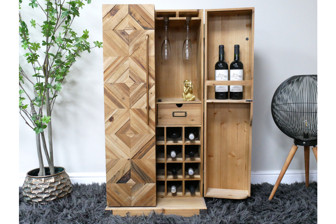 Wooden wine cabinet with geometric patterned door, multiple bottle slots, glass holders, and a small drawer, shown open.