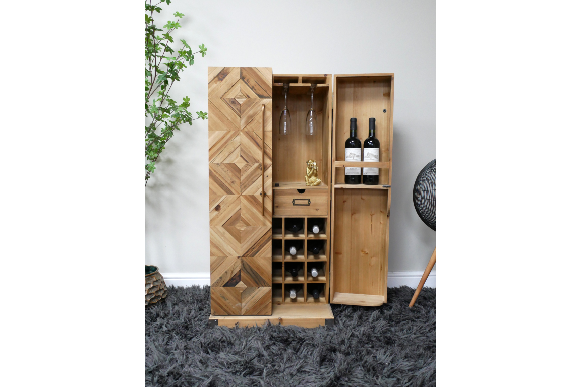Tall wooden wine cabinet with geometric pattern doors, multiple wine bottle slots, glass holders, and open compartments.