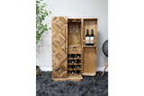 Tall wooden wine cabinet with geometric pattern doors, multiple wine bottle slots, glass holders, and open compartments.