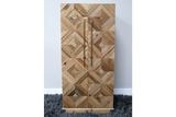 Wooden wine cabinet with geometric square pattern front, vertical metal handles, standing on gray shaggy rug.
