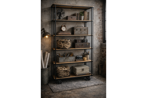 Tall shelving unit on black metal wheels with wooden shelves, styled with vintage items in industrial setting.