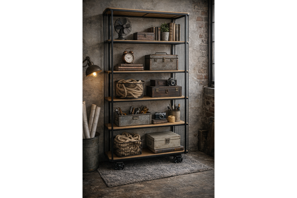 Tall shelving unit on black metal wheels with wooden shelves, styled with vintage items in industrial setting.