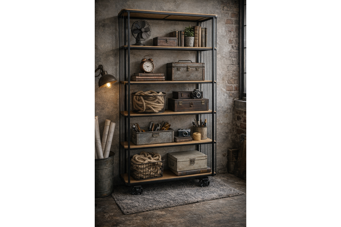 Tall shelving unit on black metal wheels with wooden shelves, styled with vintage items in industrial setting.