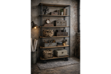 Tall shelving unit on black metal wheels with wooden shelves, styled with vintage items in industrial setting.