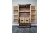 Wooden shutter bar cabinet with natural and black finish, open front showing shelves, drawers, and bottle slots, front view.