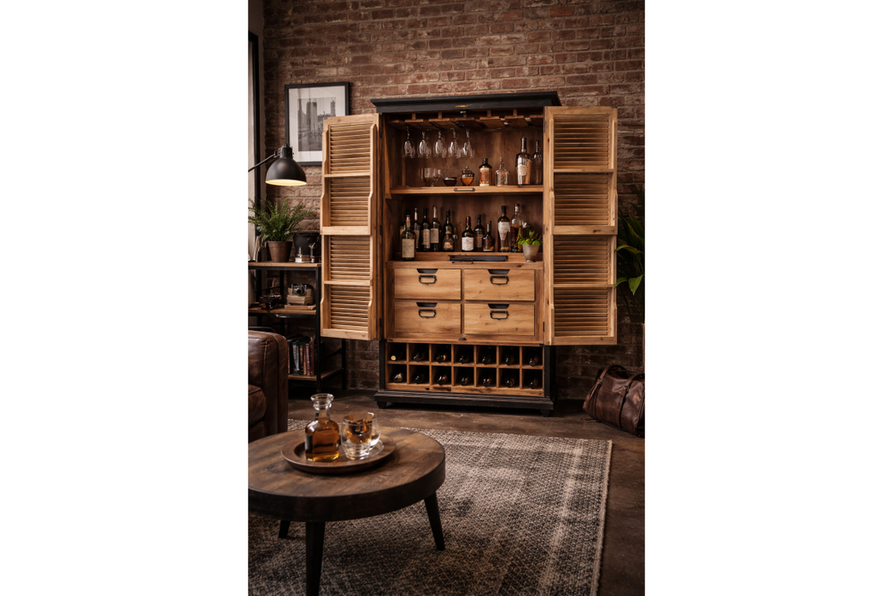Wooden shutter bar cabinet with open doors showing shelves, drawers, wine bottle storage, and hanging glasses in a rustic