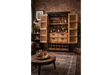 Wooden shutter bar cabinet with open doors showing shelves, drawers, wine bottle storage, and hanging glasses in a rustic