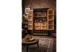Wooden shutter bar cabinet with open doors showing shelves, drawers, wine bottle storage, and hanging glasses in a rustic