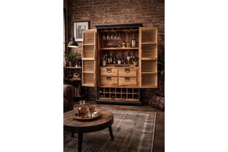 Wooden shutter bar cabinet with open doors showing shelves, drawers, wine bottle storage, and hanging glasses in a rustic