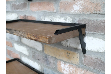 Set of 3 rustic wood wall shelves with black metal frame brackets, mounted on exposed brick wall, angled side view.
