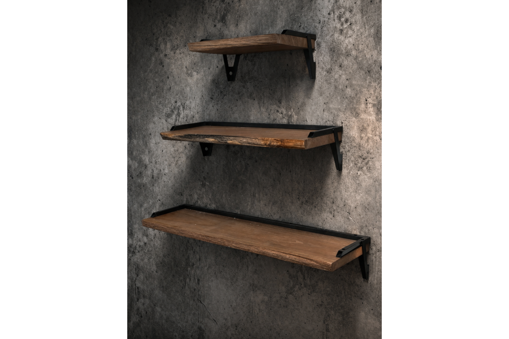 Set of 3 wall shelves with natural wood surfaces and black metal brackets mounted on a textured gray concrete wall.
