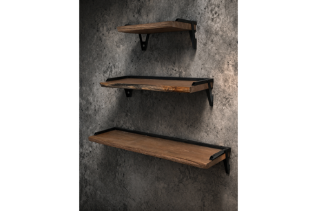 Set of 3 wall shelves with natural wood surfaces and black metal brackets mounted on a textured gray concrete wall.